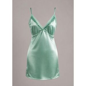 Gold Hawk Seafoam Green 100% Silk Beaded V-Neck Slip Dress Size L Y2K Coquette